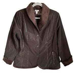 Chico's Jacket 3 Button Front Faux Fur Collar and Cuffs Leopard Print Trim Sz L